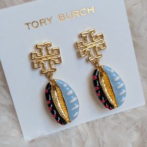 TORY BURCH Britten Gold Double T Logo Blue Enamel Sea Shell Drop Earrings